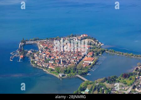 bodensee mit leeren Häfen, Corona Lockdown, 23.04.2020, Luftaufnahme, Deutschland, Bayern, Schwaben, Lindau Stockfoto