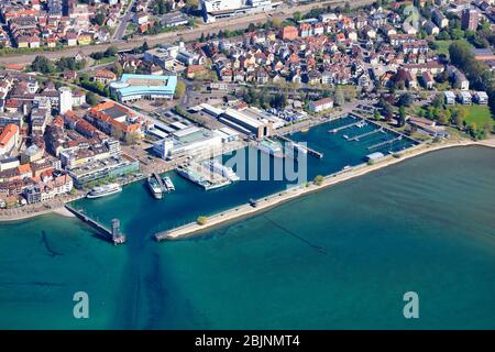 Hafen und Seehof Friedrichshafen, Bodensee, Corona Lockdown, 23.04.2020, Luftaufnahme, Deutschland, Baden-Württemberg, Friedrichshafen Stockfoto