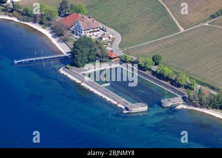 Leerer Yachthafen Meersburg, Bodensee, Corona Lockdown, 23.04.2020, Luftaufnahme, Deutschland, Baden-Württemberg, Meersburg Stockfoto