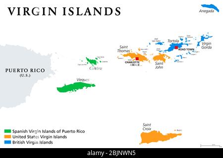 Karte der Jungferninseln mit politischen Gerichtsbarkeiten. Britische, spanische und amerikanische Jungferninseln in der Karibik. Stockfoto