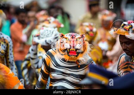 Pulikkali oder Tiger tanzen Darsteller aus den Straßen von Thrissur, Kerala, Indien während Onam Feier Stockfoto