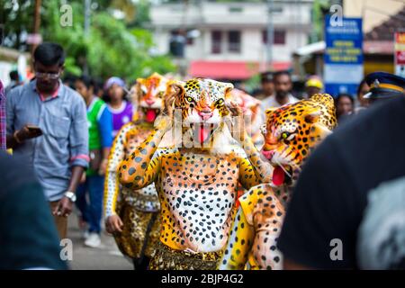 Pulikkali oder Tiger tanzen Darsteller aus den Straßen von Thrissur, Kerala, Indien während Onam Feier Stockfoto