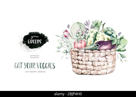Gemüse gesunde Bio Aquarell Holzkiste und Weidenkorb mit Paprika, Lauch, Zwiebeln und Avocado Vitamin Rosmarin Illustration. Isoliert l Stockfoto