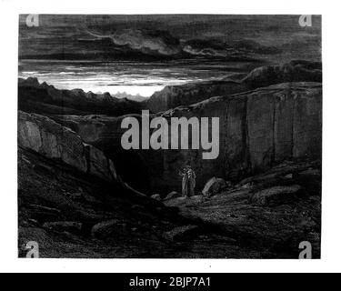 Vergil und Dante aus der Göttlichen Komödie des italienischen Dichters Dante Alighieri aus dem 14. Jahrhundert. 1860 Kunstwerk des französischen Künstlers Gustave Dore und gestochen von Stephane Pannemaker, aus 'The Vision of Hell' (1868), Carys englische Übersetzung des Inferno. Dante schrieb sein episches Gedicht "Divina Commedia" (die Göttliche Komödie) zwischen 1308 und seinem Tod 1321. Es besteht aus 14,233 Zeilen und ist in drei Teile (Inferno, Purgatorio und Paradiso) unterteilt und gilt als das größte literarische Werk der italienischen Sprache und ein Meisterwerk der Welt. Es ist eine umfassende Übersicht über mittelalterliche Theologie, Literatur und Tho Stockfoto