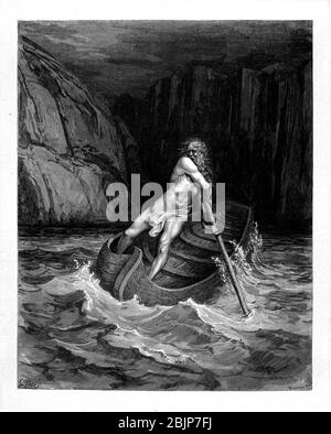 Charon der Ferryman, der den Fluss Achero von der Göttlichen Komödie des italienischen Dichters Dante Alighieri aus dem 14. Jahrhundert überquert. 1860 Kunstwerk des französischen Künstlers Gustave Dore und gestochen von Stephane Pannemaker, aus 'The Vision of Hell' (1868), Carys englische Übersetzung des Inferno. Dante schrieb sein episches Gedicht "Divina Commedia" (die Göttliche Komödie) zwischen 1308 und seinem Tod 1321. Es besteht aus 14,233 Zeilen und ist in drei Teile (Inferno, Purgatorio und Paradiso) unterteilt und gilt als das größte literarische Werk der italienischen Sprache und ein Meisterwerk der Welt. Es ist eine umfassende Übersicht über das Mittelalter Stockfoto