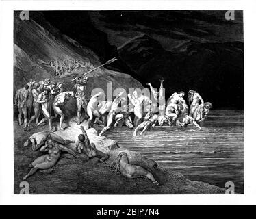 Charon führt die Sünder aus der Göttlichen Komödie des italienischen Dichters Dante Alighieri aus dem 14. Jahrhundert auf sein Boot. 1860 Kunstwerk des französischen Künstlers Gustave Dore und gestochen von Stephane Pannemaker, aus 'The Vision of Hell' (1868), Carys englische Übersetzung des Inferno. Dante schrieb sein episches Gedicht "Divina Commedia" (die Göttliche Komödie) zwischen 1308 und seinem Tod 1321. Es besteht aus 14,233 Zeilen und ist in drei Teile (Inferno, Purgatorio und Paradiso) unterteilt und gilt als das größte literarische Werk der italienischen Sprache und ein Meisterwerk der Welt. Es ist eine umfassende Übersicht über mittelalterliche Theolo Stockfoto