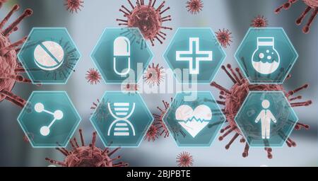 Digitale Darstellung medizinischer Ikonen über MACRO Coronavirus Covid-19 Zellen schweben Stockfoto