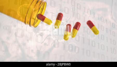 Digitale Illustration von medizinischen Pillen fallen aus einem Glas über Datenverarbeitung mit Statistiken showi Stockfoto