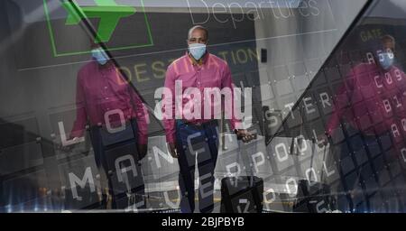 Digitale Illustration des Mannes trägt Coronavirus Covid19 Maske über einem Flughafen Flugplan Stockfoto