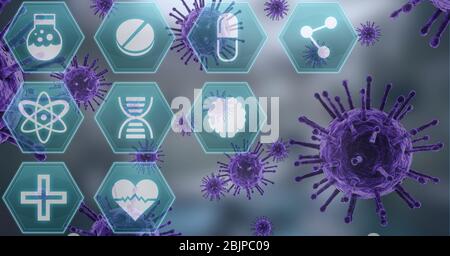 Digitale Darstellung von MACRO Coronavirus Covid-19 Zellen, die über medizinischen Ikonen schweben Stockfoto