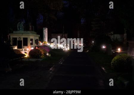 Eine Frau stellt eine Kerze auf das Grab der Angehörigen auf dem Rakowicki-Friedhof in Krakau, Polen 2019. Stockfoto