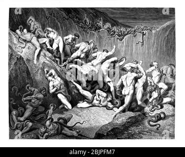 Aus der Göttlichen Komödie des italienischen Dichters Dante Alighieri aus dem 14. Jahrhundert. 1860 Kunstwerk des französischen Künstlers Gustave Dore und gestochen von Stephane Pannemaker, aus 'The Vision of Hell' (1868), Carys englische Übersetzung des Inferno. Dante schrieb sein episches Gedicht "Divina Commedia" (die Göttliche Komödie) zwischen 1308 und seinem Tod 1321. Es besteht aus 14,233 Zeilen und ist in drei Teile (Inferno, Purgatorio und Paradiso) unterteilt und gilt als das größte literarische Werk der italienischen Sprache und ein Meisterwerk der Welt. Es ist ein umfassender Überblick über mittelalterliche Theologie, Literatur und Denken. Die neue nicht Stockfoto