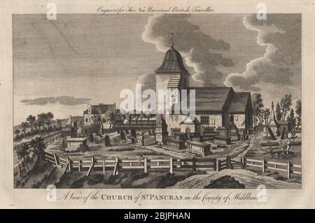 Blick auf die St Pancras Old Church, London. Umgebaut 19. Jahrhundert. BURLINGTON 1779 Stockfoto