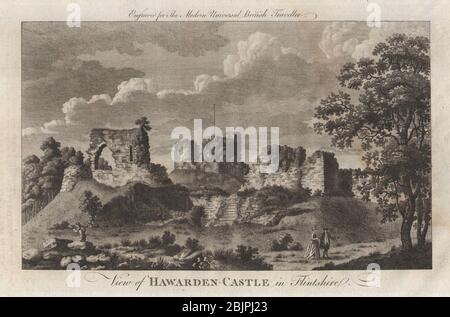 Blick auf Hawarden Castle in Flintshire. LLEWELLYN REES 1779 alter antiker Druck Stockfoto