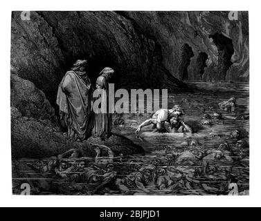 Aus der Göttlichen Komödie des italienischen Dichters Dante Alighieri aus dem 14. Jahrhundert. 1860 Kunstwerk des französischen Künstlers Gustave Dore und gestochen von Stephane Pannemaker, aus 'The Vision of Hell' (1868), Carys englische Übersetzung des Inferno. Dante schrieb sein episches Gedicht "Divina Commedia" (die Göttliche Komödie) zwischen 1308 und seinem Tod 1321. Es besteht aus 14,233 Zeilen und ist in drei Teile (Inferno, Purgatorio und Paradiso) unterteilt und gilt als das größte literarische Werk der italienischen Sprache und ein Meisterwerk der Welt. Es ist ein umfassender Überblick über mittelalterliche Theologie, Literatur und Denken. Die neue nicht Stockfoto