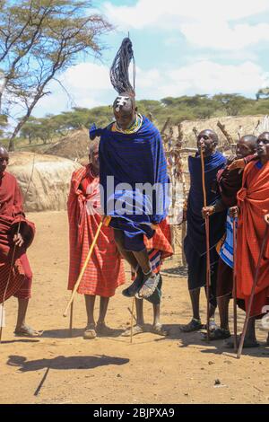 Stammestanz bei einer Maasai-Zeremonie Maasai ist eine ethnische Gruppe von halbnomadischen Menschen, die in Tansania fotografiert wurden Stockfoto