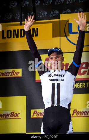 07.07.2014 London, England. Marcel Kittel feiert die siegreiche Etappe 3 der Tour De France Cambridge nach London. Stockfoto