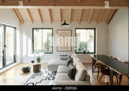 Blick auf das offene Wohnzimmer/Küche mit gewölbter Decke und weichen Möbeln. Spencer Courtyard, London, Großbritannien. Architekt: Kennedy T Stockfoto