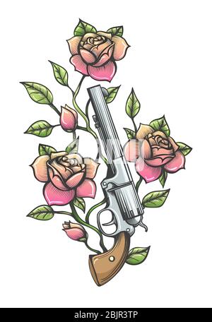 Revolver mit Zweig der Rose Blume im Tattoo-Stil gezeichnet. Vektorgrafik. Stock Vektor