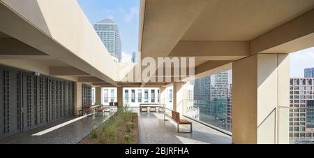 Obere Außenterrasse mit Garten und Blick auf 1 Canada Square. 25 Cabot Square, London, Großbritannien. Architekt: Carmody Groarke, 2019. Stockfoto