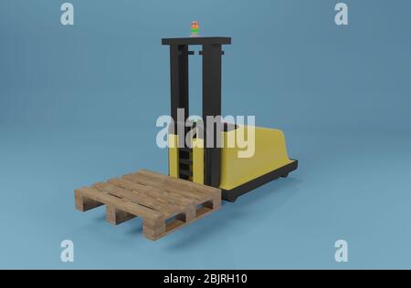 Industrieroboter AGV Gabelstapler mit Palette auf blauem Hintergrund. 3D-Rendering-Bild Stockfoto