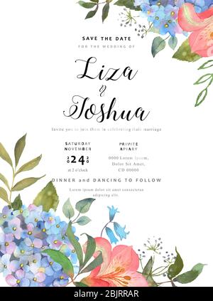 Hochzeit floralen Hintergrund mit einer blühenden blauen Hortensien und Blätter. Handgezeichnet in Aquarell. Ausgezeichnete Verwendung für Einladungen, Drucke, Grüße Stock Vektor
