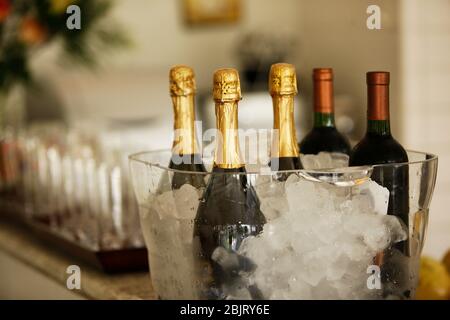 Champagner und Weinflaschen im Eiskübel für wichtige Feierlichkeiten. Stockfoto