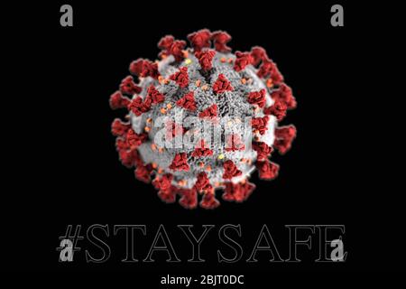 3D-Darstellung des Virus auf schwarzem Hintergrund mit großem COVID-19-Virus mit Staysafe-Text. Stockfoto