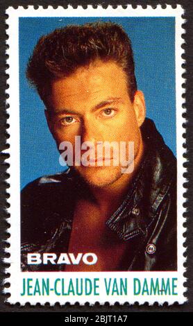 Jean-Claude Van Damme auf einer Vintage Briefmarke von Bravo von Anfang der 1980er Jahre Stockfoto