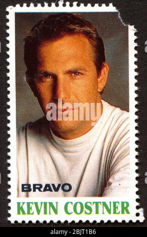 Kevin Costner auf einer Vintage Briefmarke von Bravo von Anfang der 1980er Jahre Stockfoto