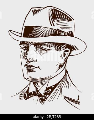 Porträt eines historischen Mannes aus dem frühen 20. Jahrhundert in der Viertelansicht, mit Hut, Stehkragen und gepunkteter Fliege Stock Vektor