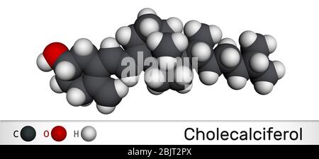 Cholecalciferol, Colecalciferol, Vitamin D, C27H44O-Molekül. Molekulares Modell. 3D-Rendering Stockfoto