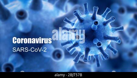 Coronavirus Banner, 3d-Rendering, COVID-19 Krankheit Thema auf blauem Hintergrund. Neuartiger globaler Ausbruch des SARS-CoV-2 Corona-Virus, Poster mit Konzept des cor Stockfoto