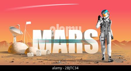 Explorationsprogramm Mars. Ein Astronaut geht mit einer Videokamera durch die Marsiwüste. Erde vor dem Hintergrund eines roten Mars Himmel. S Stockfoto