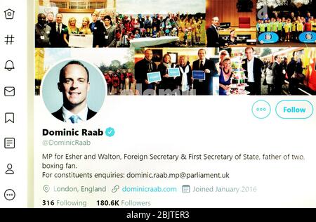 Twitter-Seite (Mai 2020): Dominic Raab, Außenminister Stockfoto