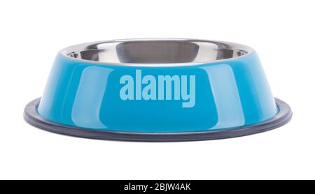 Leere Blue Dog Food Bowl Vorderansicht isoliert auf Weiß. Stockfoto