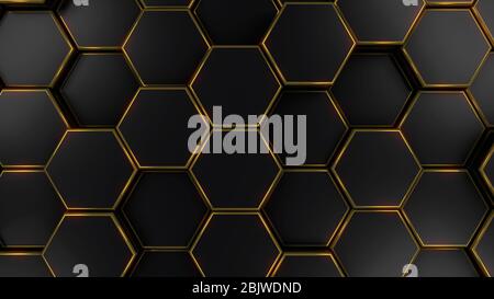 Hintergrund der schwarzen und goldenen Sechseck-Vorlage, 3d-Renderdarstellung Stockfoto