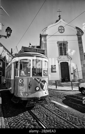 Die Trolleys fahren entlang der Largo Santa Luzia, während sie an der katholischen Kirche Igreja de Santa Luzia im Stadtteil Alfama in Lissabon, Portugal, vorbeifahren. Stockfoto