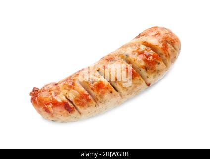 Köstliche gegrillte Wurst auf weißem Hintergrund Stockfoto