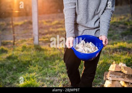 Konzept für die Zubereitung von frischem Fleisch. Mann in lässiger Kleidung hält Schüssel mit marinierten Hähnchenflügeln Stockfoto