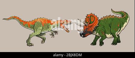 Dinosaurier kämpfen. Allosaurus gegen Triceratops. Dino Fight Illustration. Stockfoto