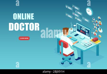 Online-Konzept für medizinische Dienste. Vektor der medizinischen Fachkraft, ein Arzt, der Diagnose, die Berücksichtigung der Patienten über moderne Technologie, int Stock Vektor