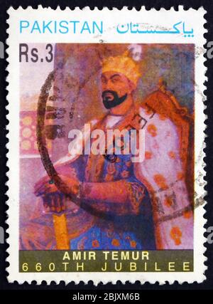 PAKISTAN - UM 1997: Eine in Pakistan gedruckte Briefmarke zeigt Tamerlane, Amir Temur, den Turco-Mongol Eroberer und den Gründer des Timuriden-Imperiums in Persien Stockfoto