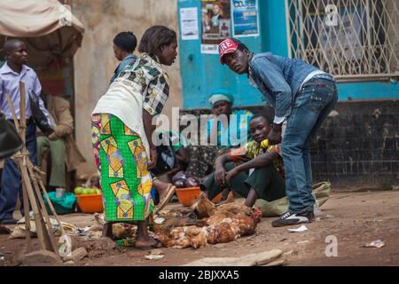 Bukavu, Demokratische Republik Kongo: Handel auf der Straße Kongolesen sitzen auf dem Boden und verkaufen Huhn Stockfoto