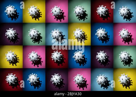 Multi-Grafik von Coronavirus-Modellen auf bunten Hintergründen Stockfoto