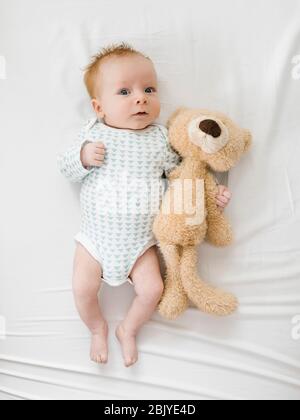 Kleiner Junge (2-5Â Monate)Â liegt auf dem Bett mit Teddybär Stockfoto