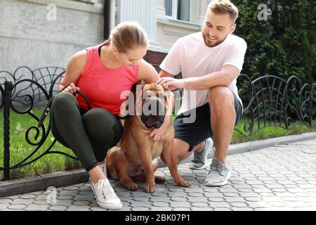 Sportliches Paar mit niedlichen Hund wandern im Freien Stockfoto