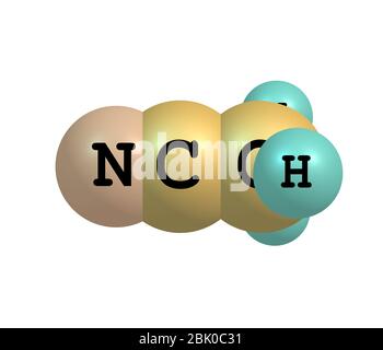 Acetonitril ist die chemische Verbindung mit der Formel CH3CN. Es wird hauptsächlich als Nebenprodukt der Acrylnitrilherstellung hergestellt. Es wird als Polar verwendet Stockfoto