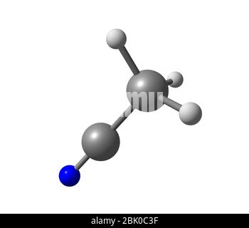 Acetonitril ist die chemische Verbindung mit der Formel CH3CN. Es wird hauptsächlich als Nebenprodukt der Acrylnitrilherstellung hergestellt. Es wird als Polar verwendet Stockfoto