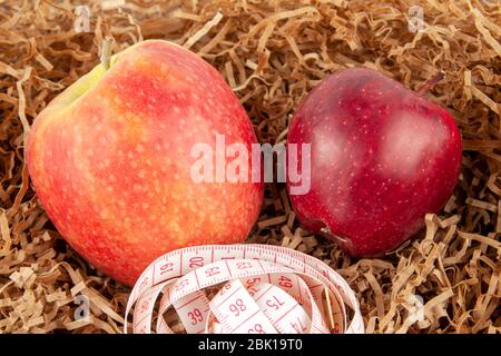 Zwei rote Äpfel liegen auf einem Strohhalm Stockfoto
